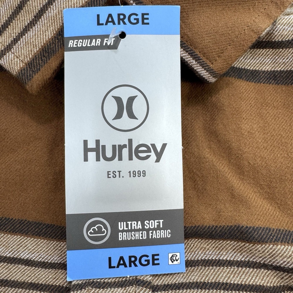 Hurley Mens Portland Flannel Shirt L Brozed Striped Long Sleeve Button Up NWT - Picture 9 of 9
